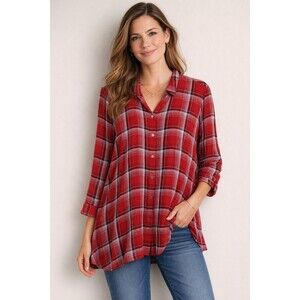 J. Jill Womens Large Red Plaid Button Front Tunic Shirt Long Sleeve Flowy Top